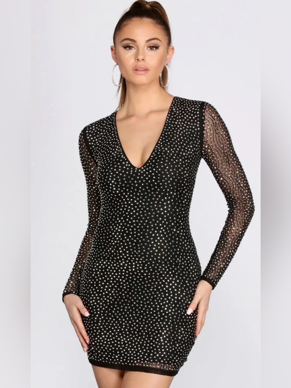 Windsor Ria Heat Stone Black Rhinestone Mesh V Neck Long Sleeve Mini Dress S